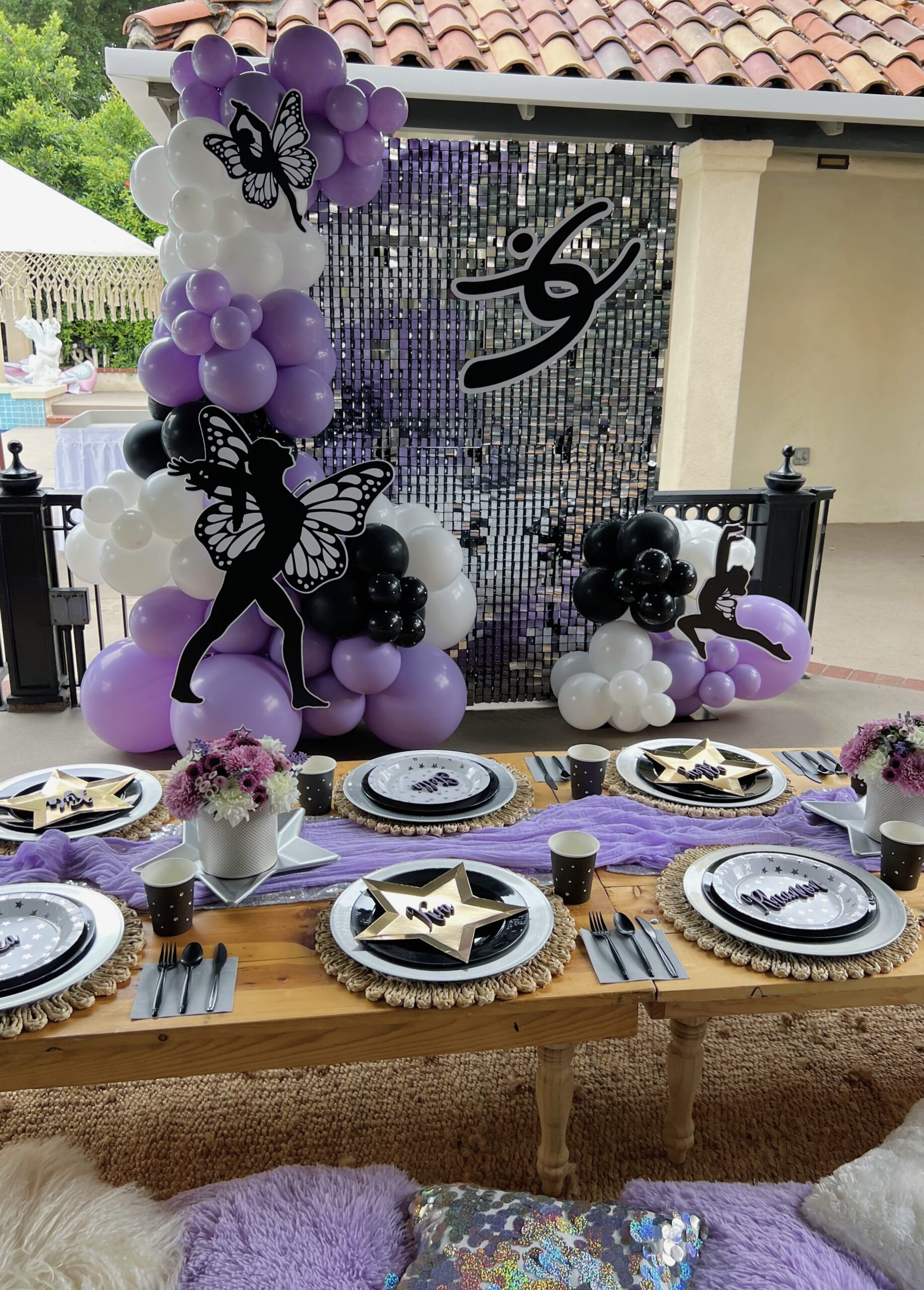 gymnastics party ideas and decor backdrop and balloons end of the season party centerpiece and plates diy